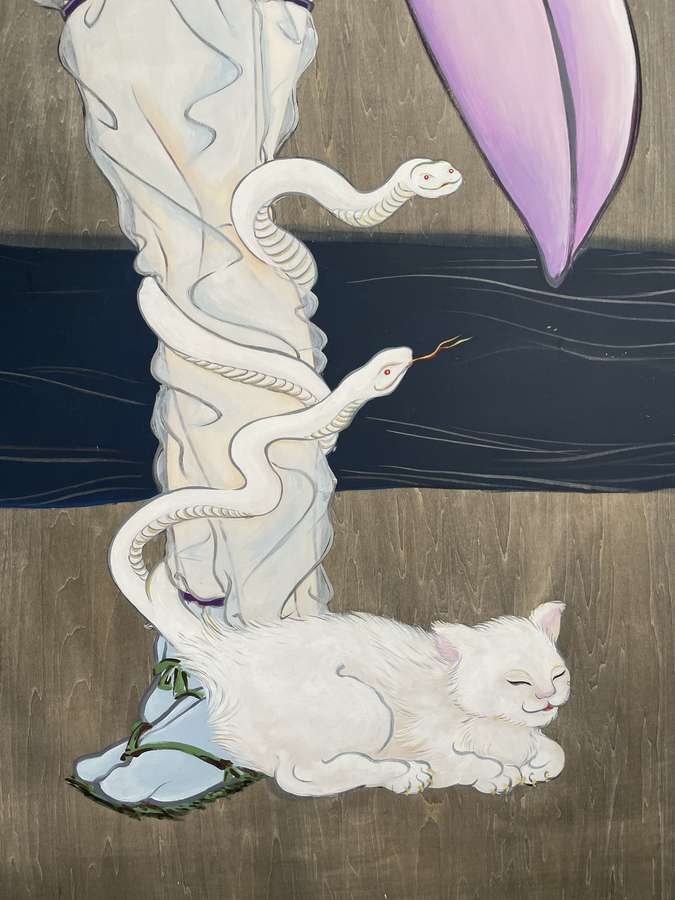 国上寺本堂に描かれた半ケツの義経の足元にいる白蛇尻尾の白猫図